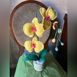 Handcrafted Yellow Crochet Orchid Arrangement 19” New